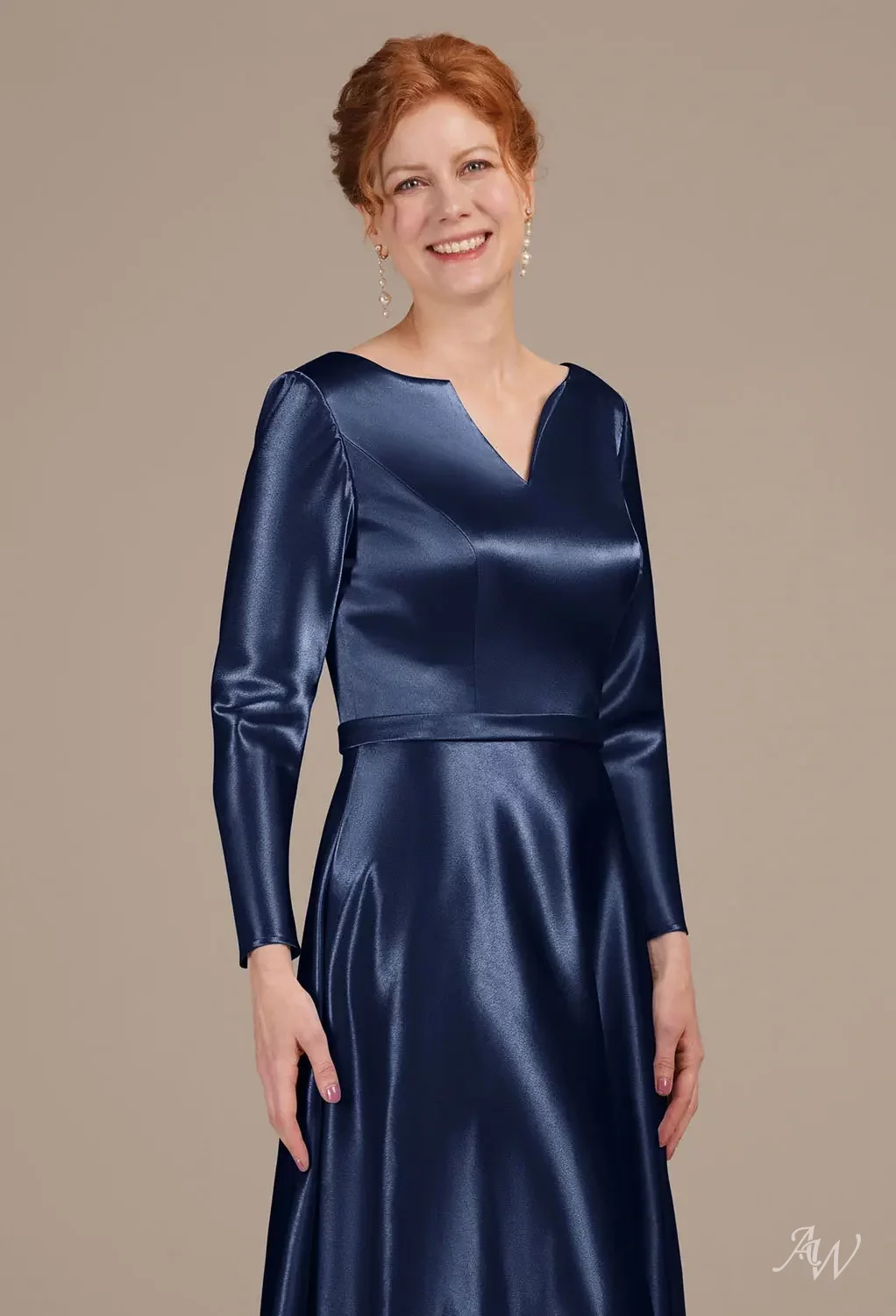 AW Presto Dress, Blue Ashes Crystal Satin Hi Lo V-Neck Mother of